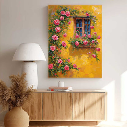 Vibrant Floral Window with Pink Roses and Yellow Wall Oil Painting