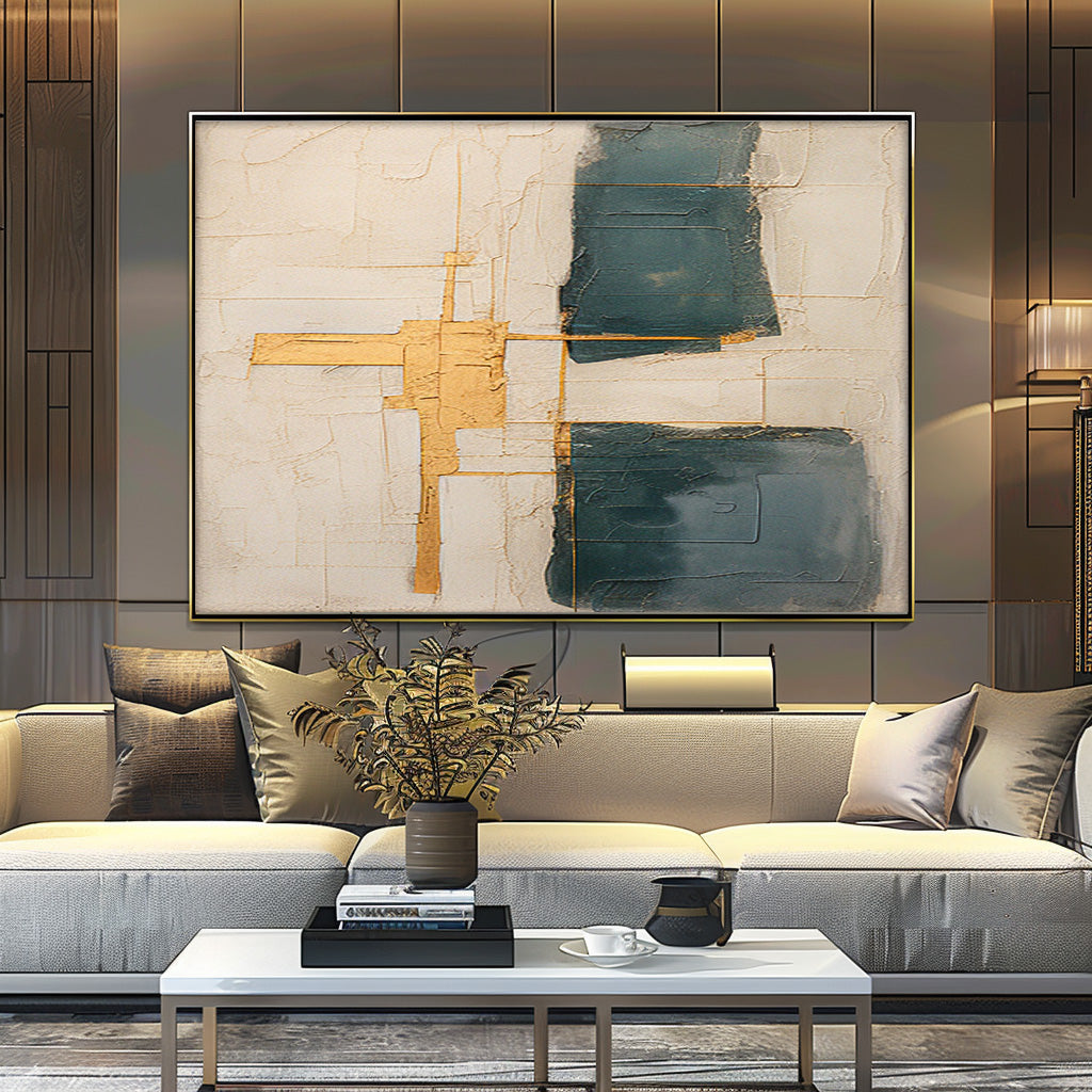 Abstract Minimalist Oil Painting with Gold Accents for Modern Home Decor