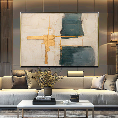 Abstract Minimalist Oil Painting with Gold Accents for Modern Home Decor