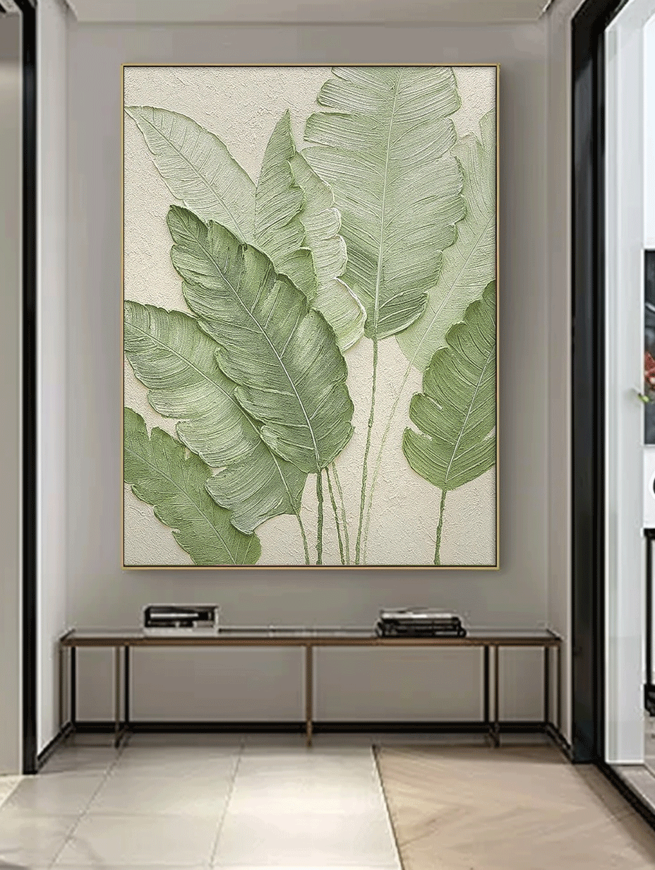 Tropical Green Leaf Oil Painting for Home Decor and Wall Art