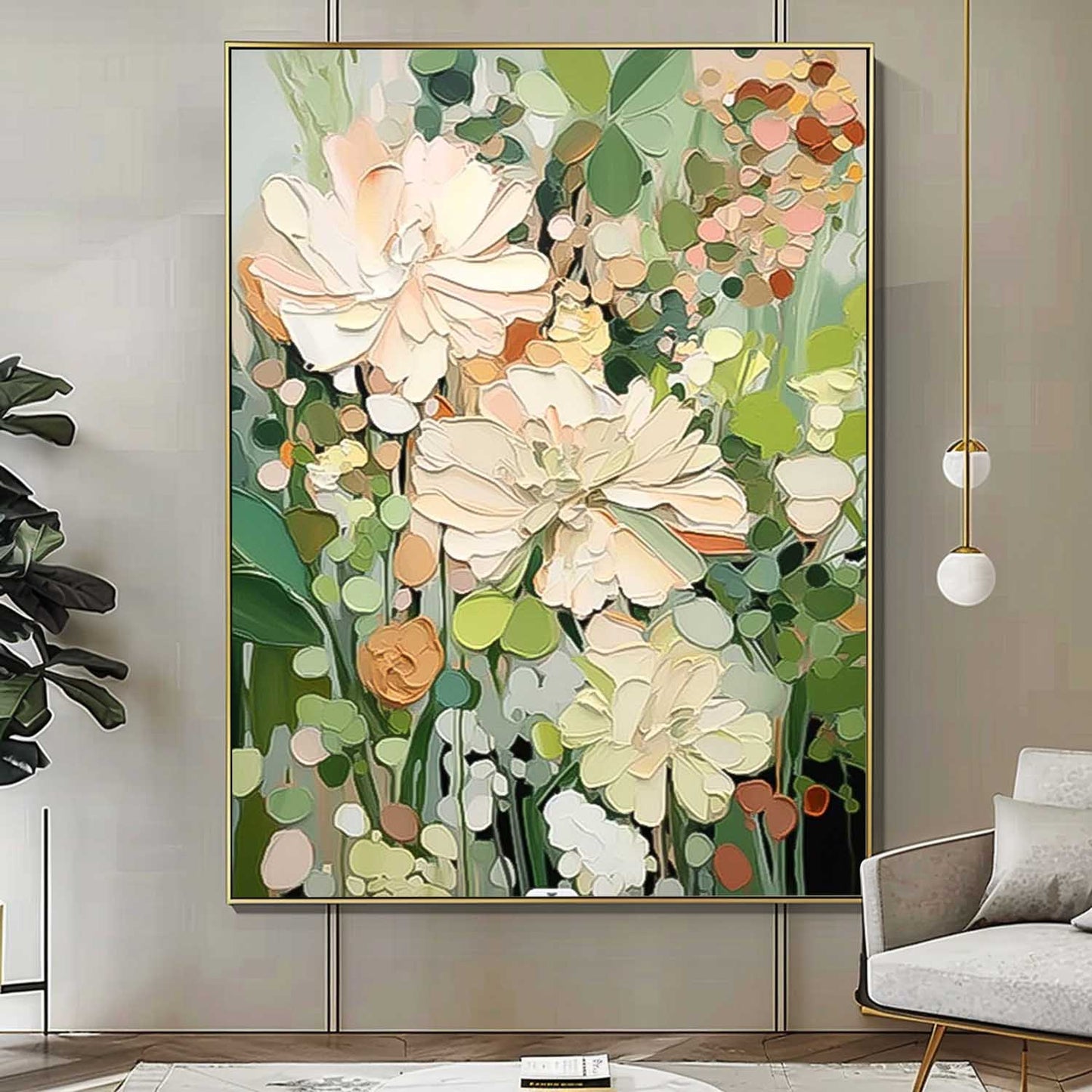 Vibrant Floral Oil Painting with Lush Pastel Blooms and Greenery