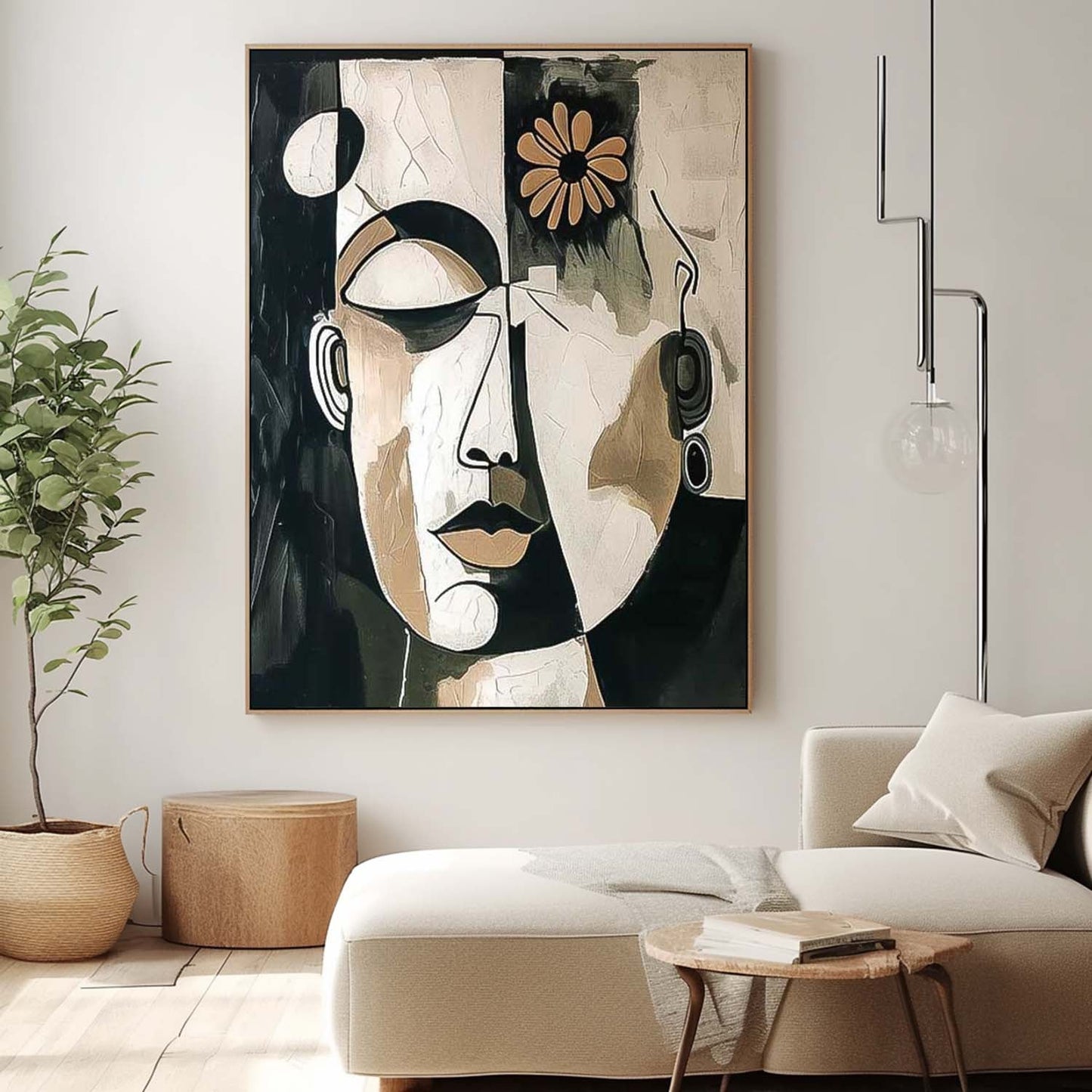 Abstract Faces Oil Painting with Flower Accent for Modern Home Decor