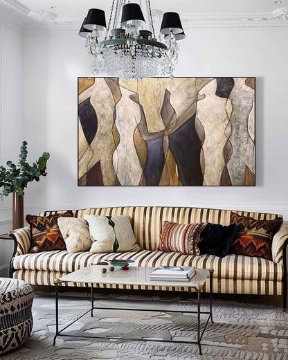 Contemporary Abstract Oil Painting of Figures in Earthy Tones for Modern Decor