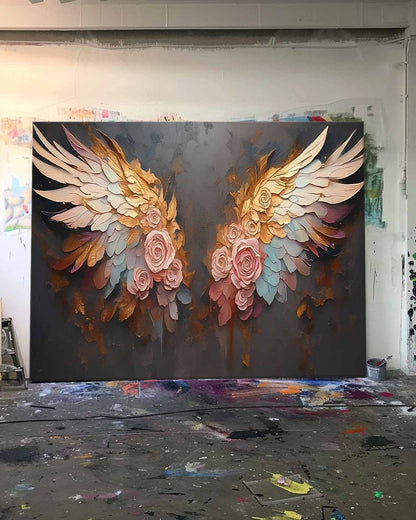 Elegant Floral Wings Oil Painting - Vibrant Pink Roses on Dark Canvas