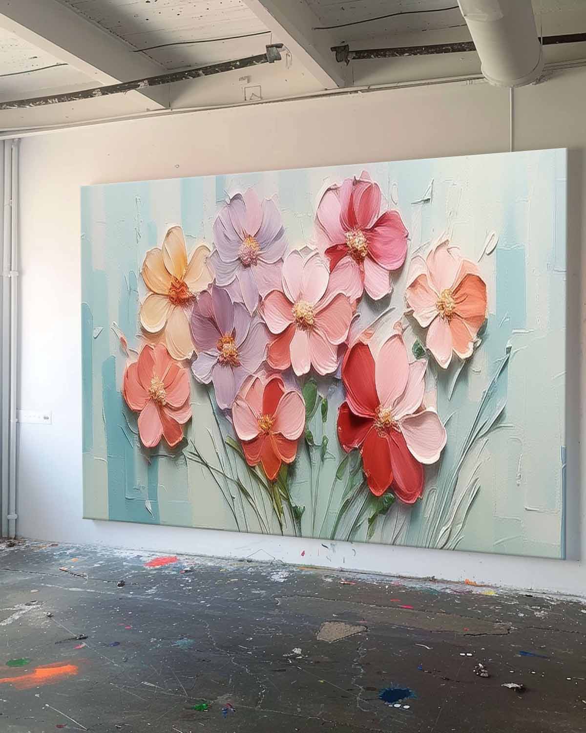 Vibrant Floral Oil Painting with Textured Petals and Soft Pastel Background