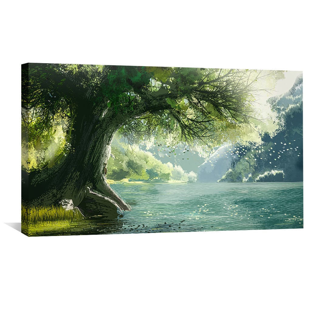 Tranquil Willow Tree Oil Painting Over Serene Waterscape
