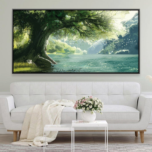 Tranquil Willow Tree Oil Painting Over Serene Waterscape