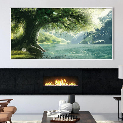 Tranquil Willow Tree Oil Painting Over Serene Waterscape