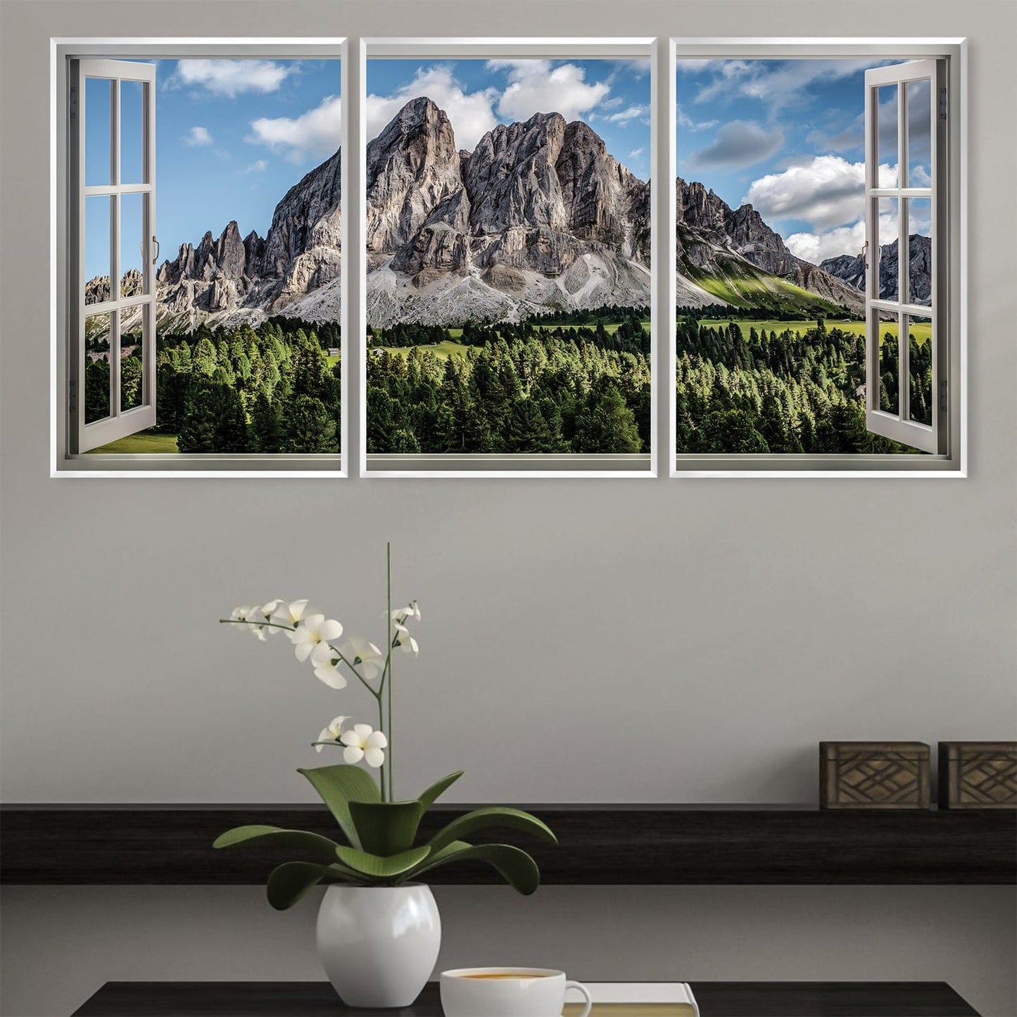 Stunning Mountain View Oil Painting with Window Pane Decor