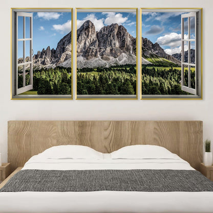 Stunning Mountain View Oil Painting with Window Pane Decor