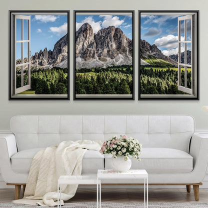 Stunning Mountain View Oil Painting with Window Pane Decor