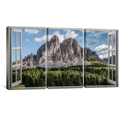 Stunning Mountain View Oil Painting with Window Pane Decor