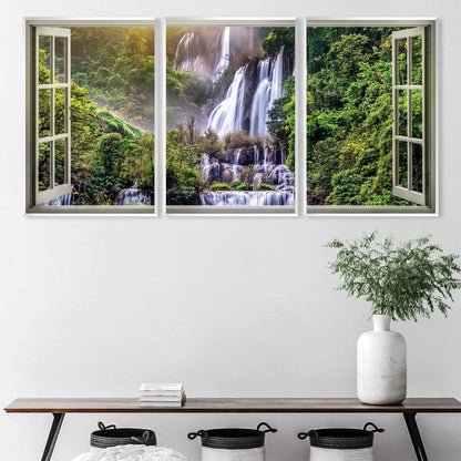 Serene Waterfall View Through Open Window Oil Painting