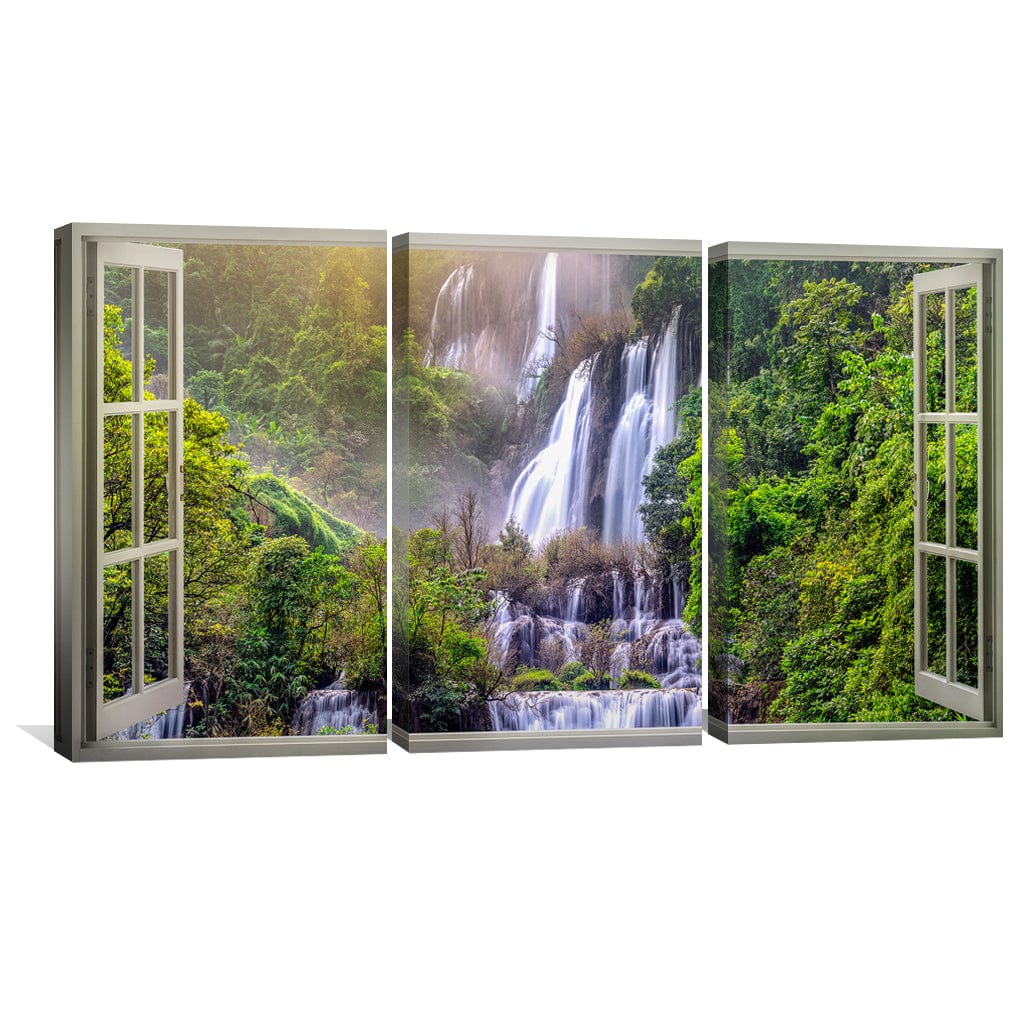 Serene Waterfall View Through Open Window Oil Painting