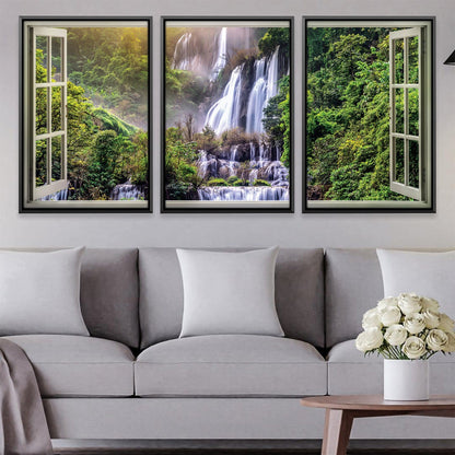 Serene Waterfall View Through Open Window Oil Painting