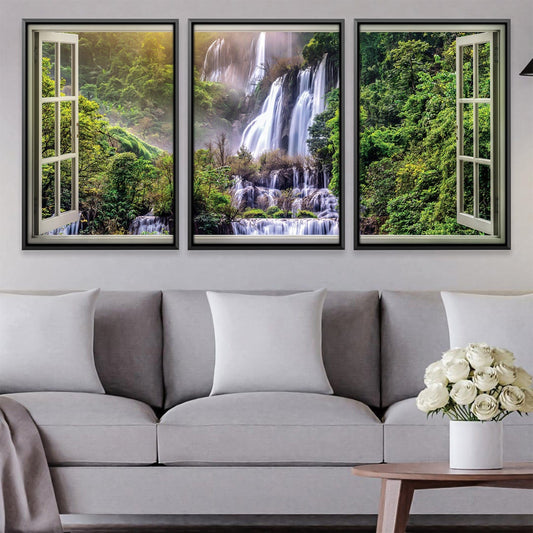 Serene Waterfall View Through Open Window Oil Painting
