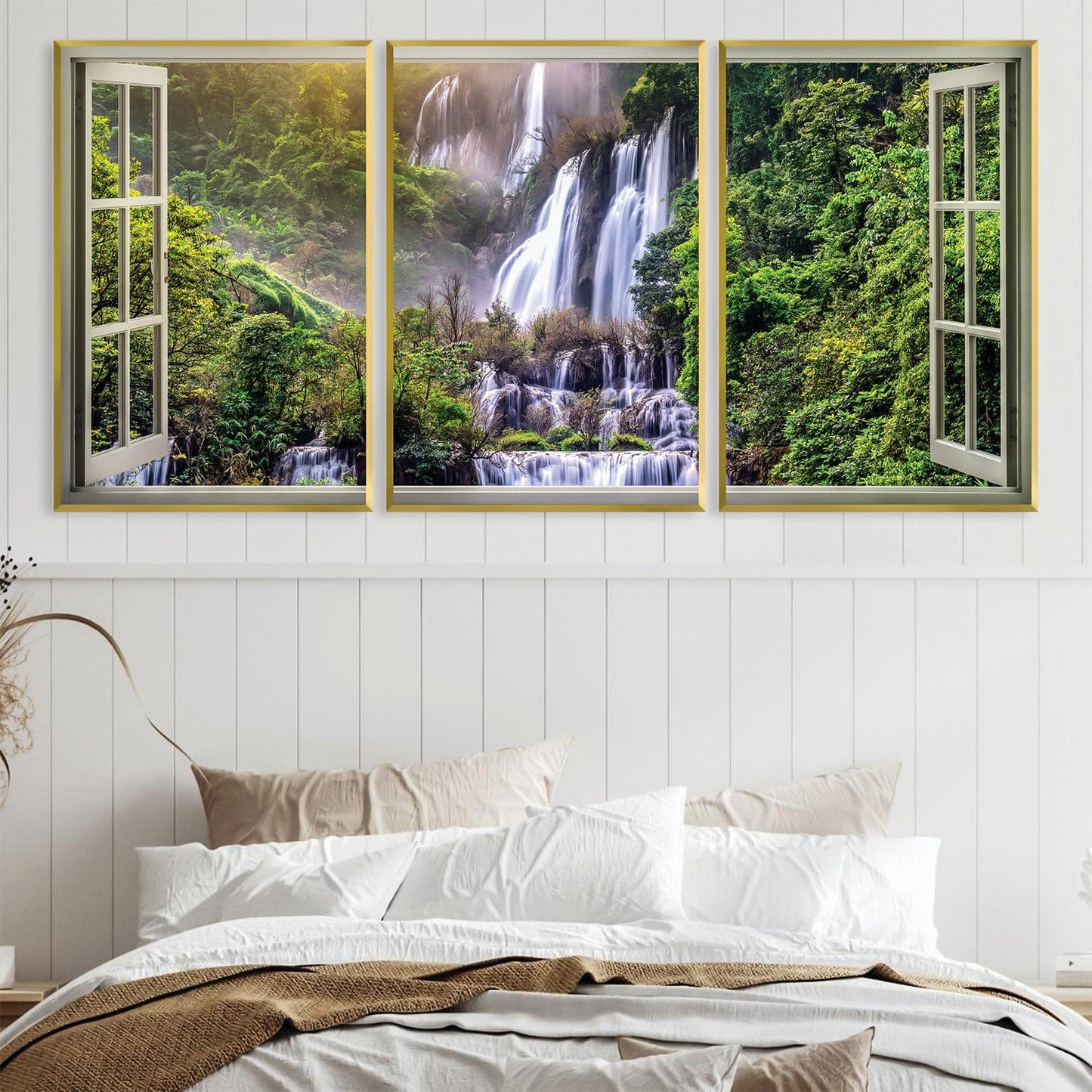Serene Waterfall View Through Open Window Oil Painting
