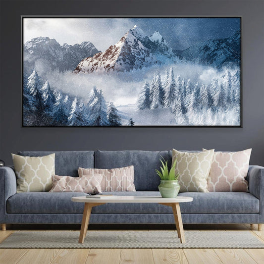 Majestic Winter Landscape Oil Painting with Snow-Covered Mountains and Pine Trees