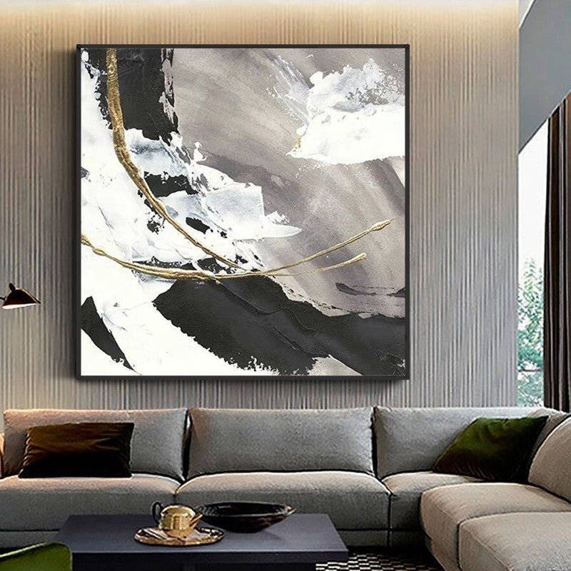 Black and White Minimalist Gold Accent Oil Painting