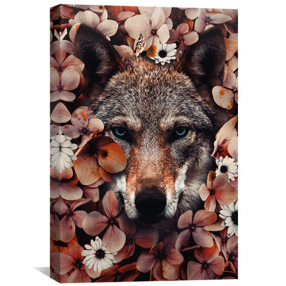 Majestic Wolf in Floral Embrace - Stunning Oil Canvas Painting for Home Decor