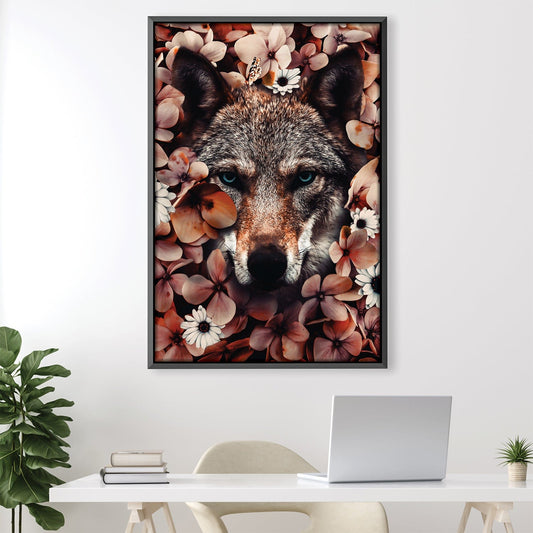 Majestic Wolf in Floral Embrace - Stunning Oil Canvas Painting for Home Decor