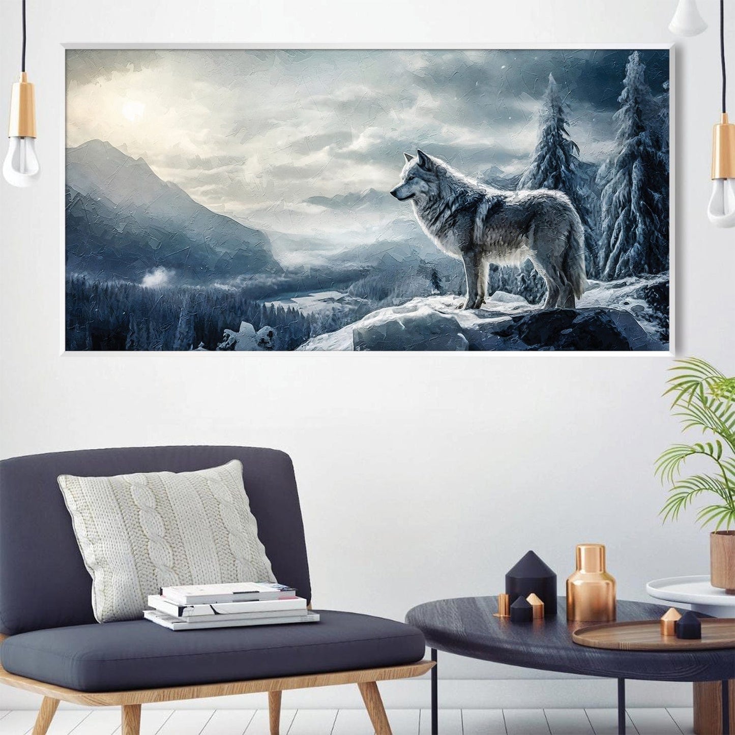 Majestic Wolf Overlooking Mountain Landscape Oil Painting