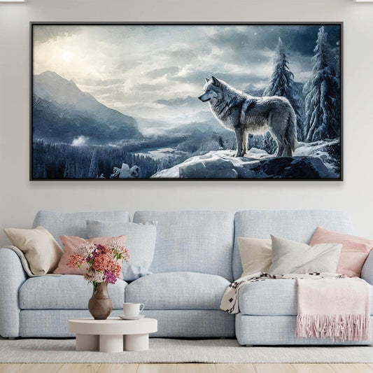 Majestic Wolf Overlooking Mountain Landscape Oil Painting