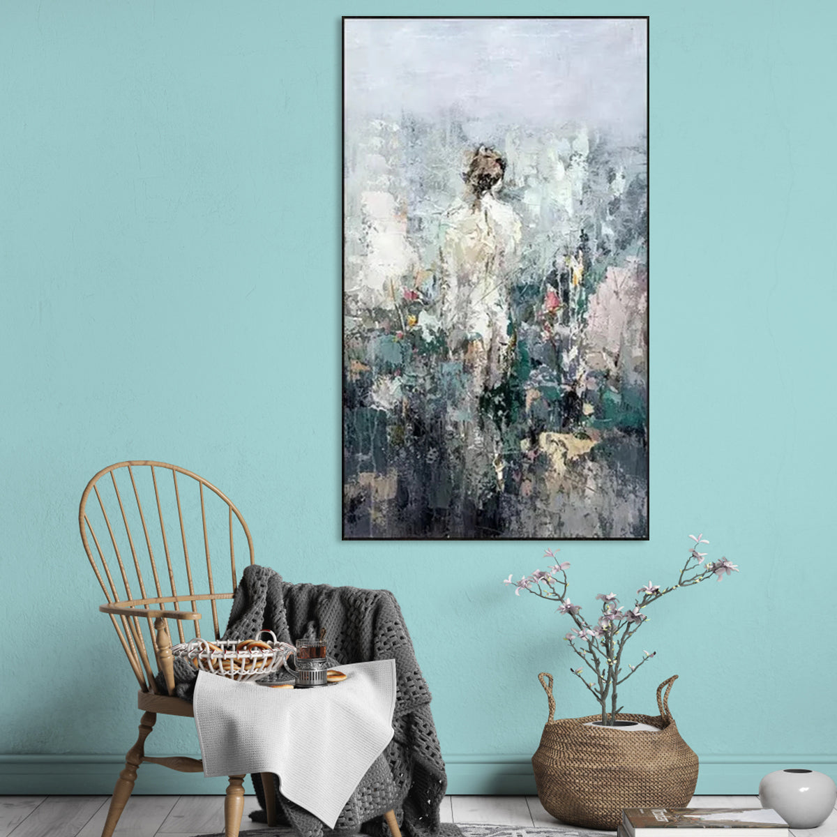 Abstract Oil Painting of a Woman in Ethereal Landscape Decor Art for Modern Interiors