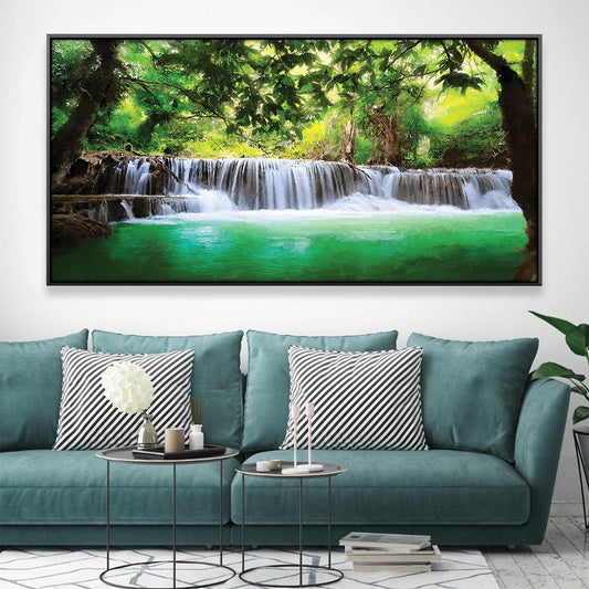 Serene Woodland Waterfall Oil Painting for Tranquil Home Decor