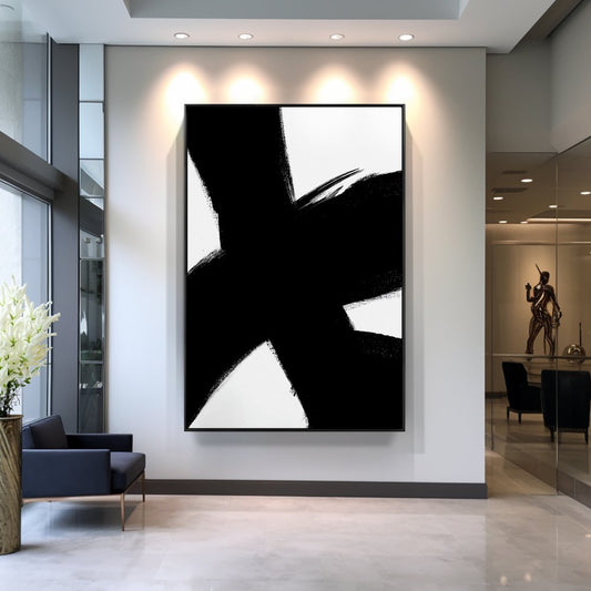 Contemporary Abstract Oil Painting with Bold Black and White Brushstrokes