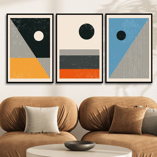 Vibrant 90s Retro Oil Painting in Yellow, Orange, and Blue Geometric Style
