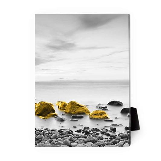 Vibrant Yellow Rocks on Serene Coastal Canvas Art