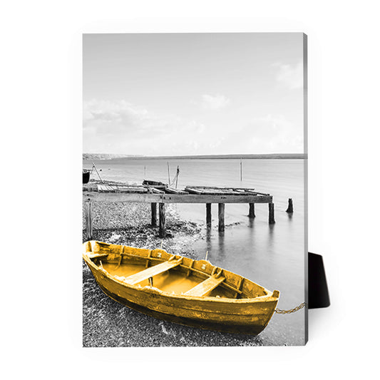 Golden Boat on Serene Shoreline – Vibrant Oil Painting for Home Decor