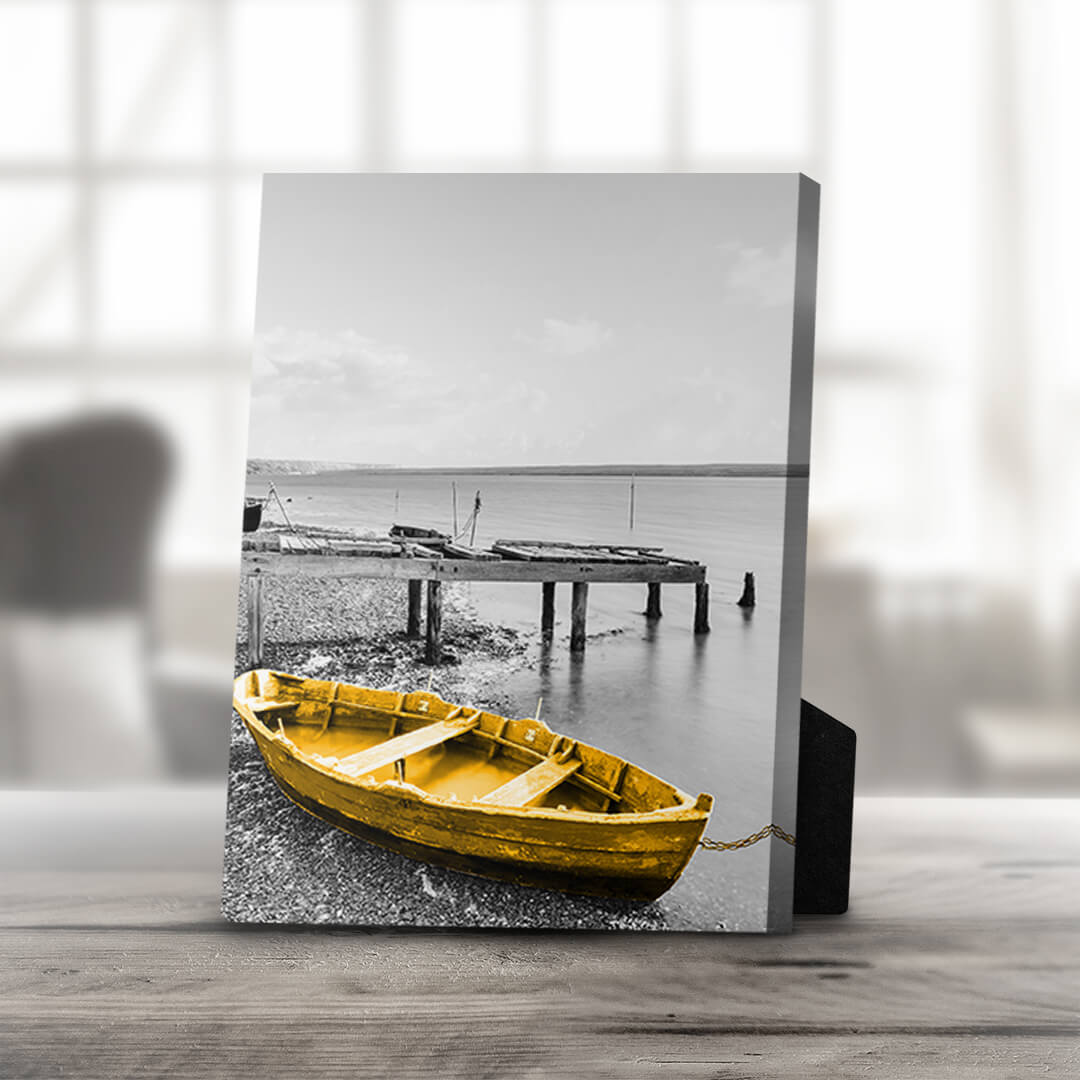 Golden Boat on Serene Shoreline – Vibrant Oil Painting for Home Decor