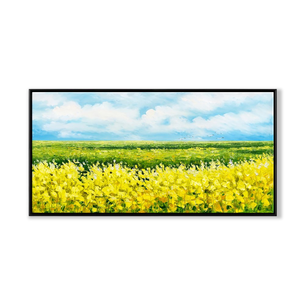 Vibrant Yellow Flower Fields Under Blue Sky - Stunning Oil Painting for Home Décor