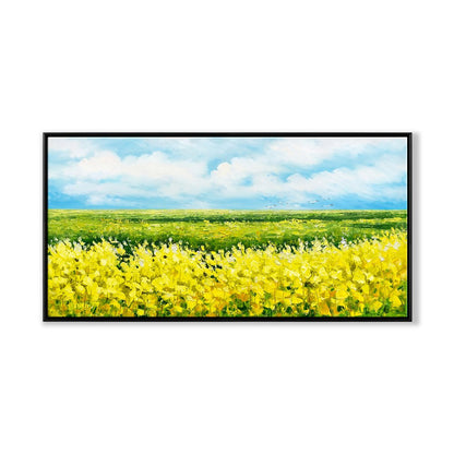 Vibrant Yellow Flower Fields Under Blue Sky - Stunning Oil Painting for Home Décor