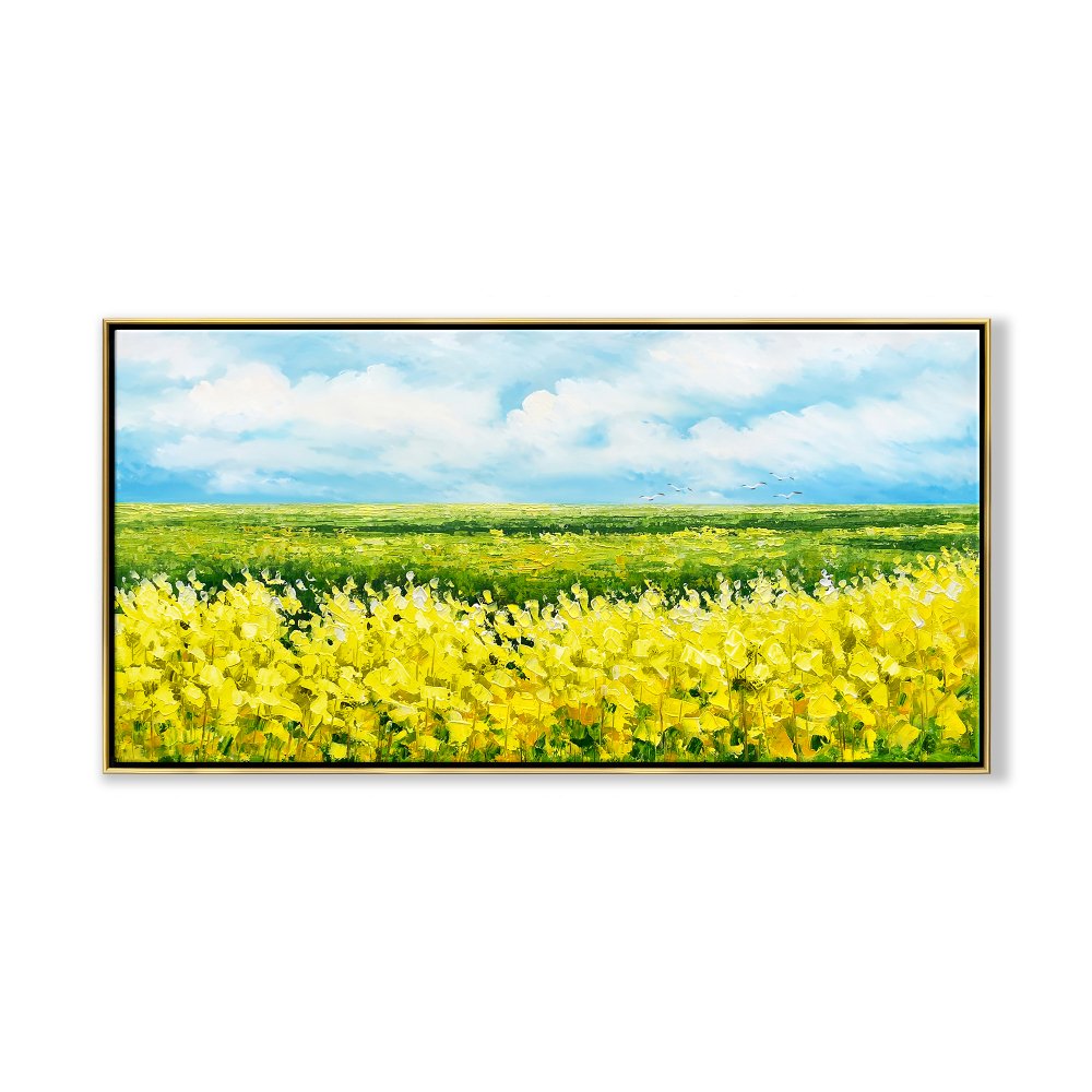Vibrant Yellow Flower Fields Under Blue Sky - Stunning Oil Painting for Home Décor