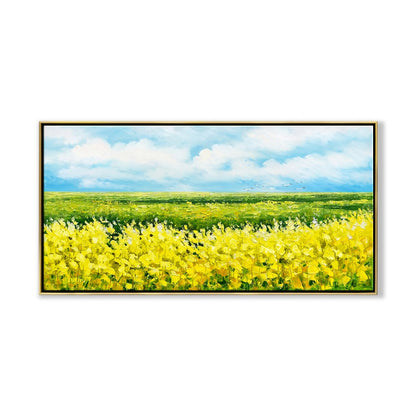 Vibrant Yellow Flower Fields Under Blue Sky - Stunning Oil Painting for Home Décor