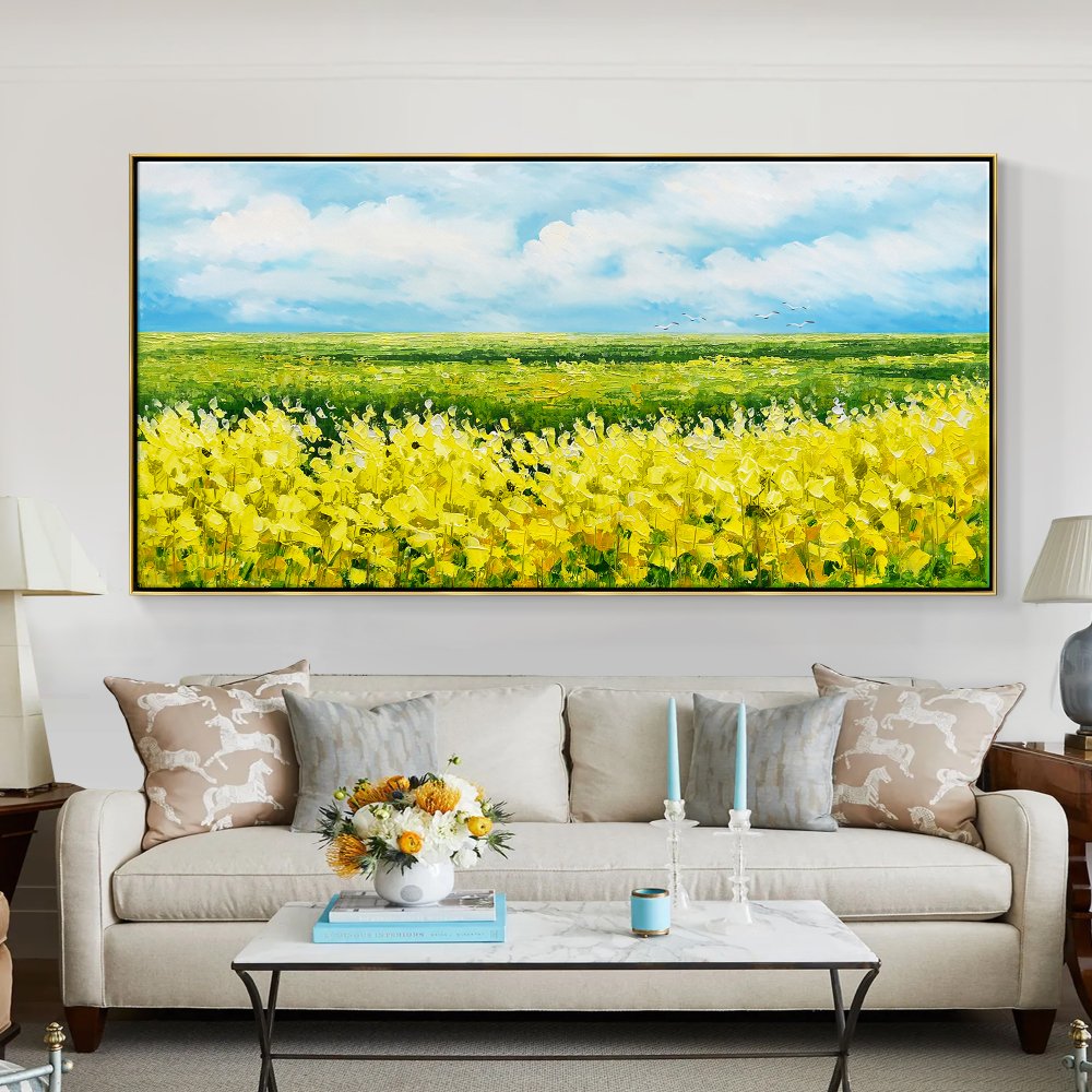 Vibrant Yellow Flower Fields Under Blue Sky - Stunning Oil Painting for Home Décor
