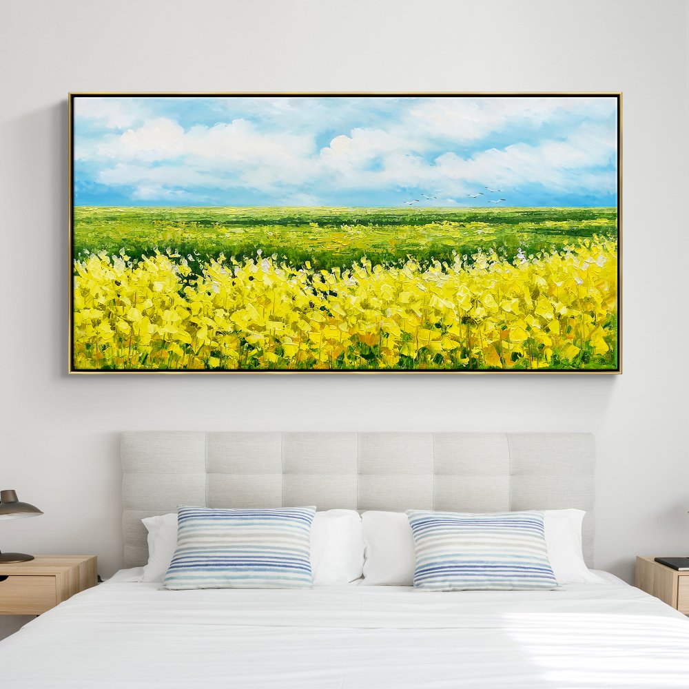 Vibrant Yellow Flower Fields Under Blue Sky - Stunning Oil Painting for Home Décor