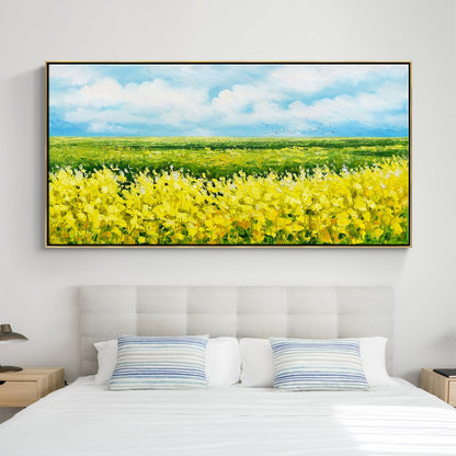 Vibrant Yellow Flower Fields Under Blue Sky - Stunning Oil Painting for Home Décor