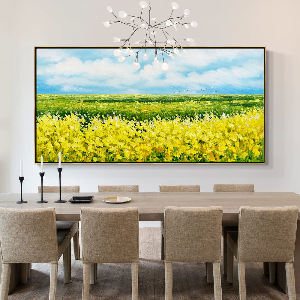 Vibrant Yellow Flower Fields Under Blue Sky - Stunning Oil Painting for Home Décor