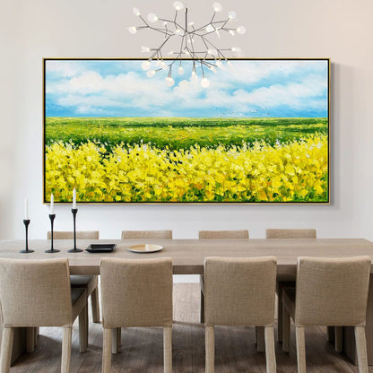 Vibrant Yellow Flower Fields Under Blue Sky - Stunning Oil Painting for Home Décor