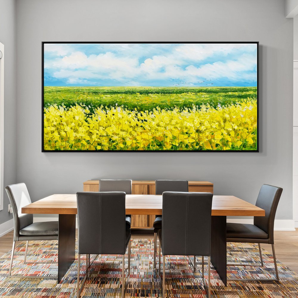Vibrant Yellow Flower Fields Under Blue Sky - Stunning Oil Painting for Home Décor