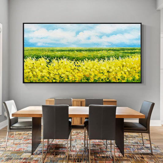 Vibrant Yellow Flower Fields Under Blue Sky - Stunning Oil Painting for Home Décor