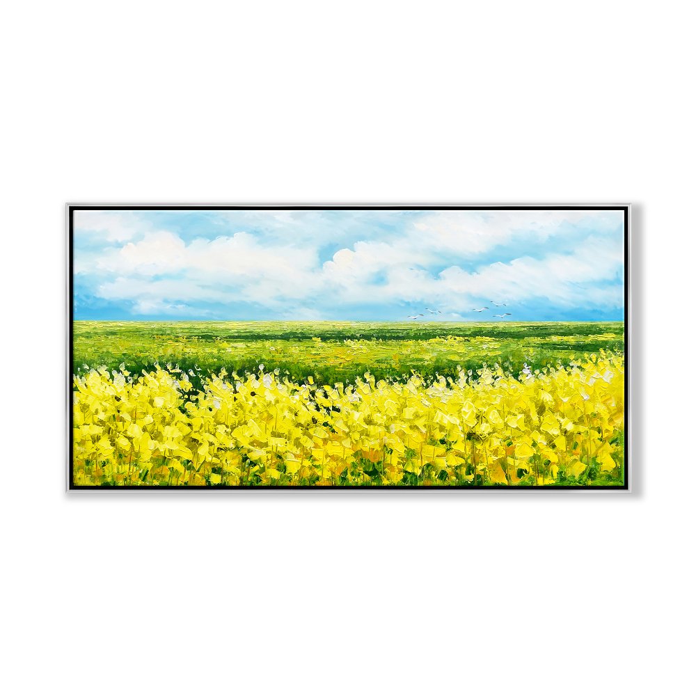 Vibrant Yellow Flower Fields Under Blue Sky - Stunning Oil Painting for Home Décor