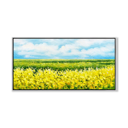 Vibrant Yellow Flower Fields Under Blue Sky - Stunning Oil Painting for Home Décor
