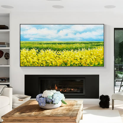 Vibrant Yellow Flower Fields Under Blue Sky - Stunning Oil Painting for Home Décor
