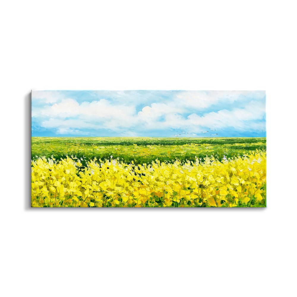 Vibrant Yellow Flower Fields Under Blue Sky - Stunning Oil Painting for Home Décor