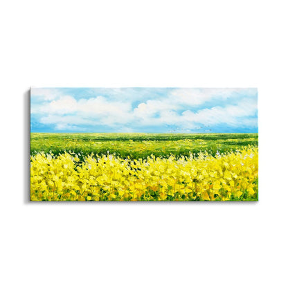 Vibrant Yellow Flower Fields Under Blue Sky - Stunning Oil Painting for Home Décor